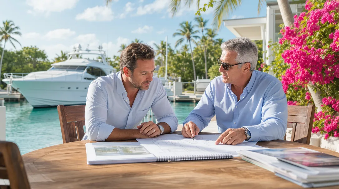 Real estate buyer and a knowledgeable local agent examining architectural blueprints and property documents at an outdoor teak table on a waterfront deck in the Florida Keys with a deep-water canal and yacht in the background