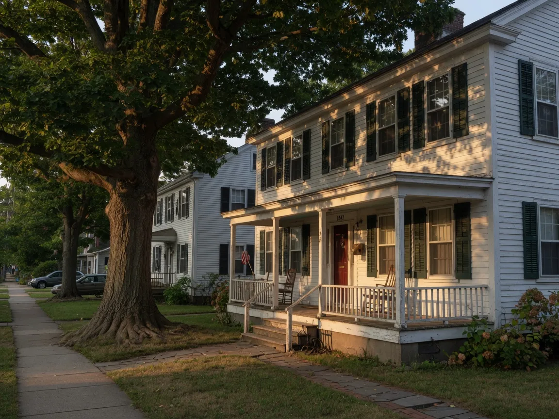 Aclassic white clapboard New Englad colonial home in a New Haven neighborhood on a warm late summer afternoon with a mature oak tree casting dappled shadows