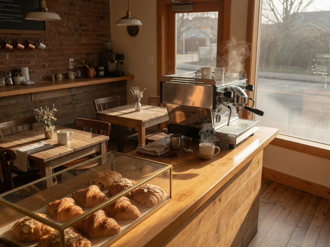 A cozy specialty coffee shop with an espresso machine on a wooden counter, reclaimed wood tables, and croissants in a glass case
