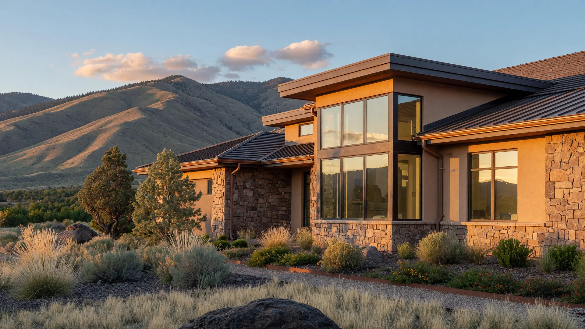 Illustrative image of a well-finished Boise area home with sage-covered foothills behind it and a landscaped yard