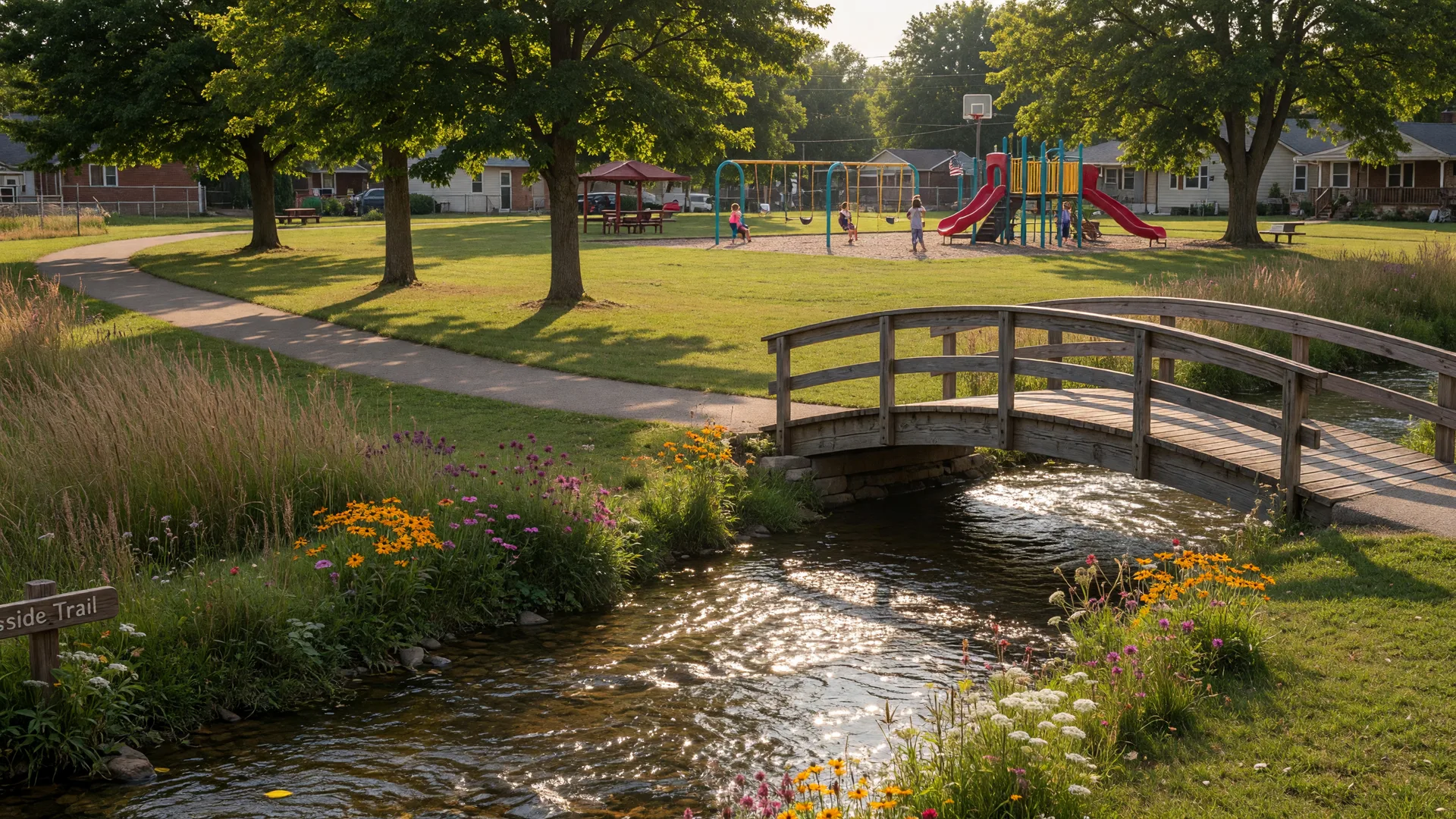 A creekside walking trail in Swartz Creek, Michigan with a wooden footbridge over clear water, native grasses, mature trees, and a neighborhood park beyond