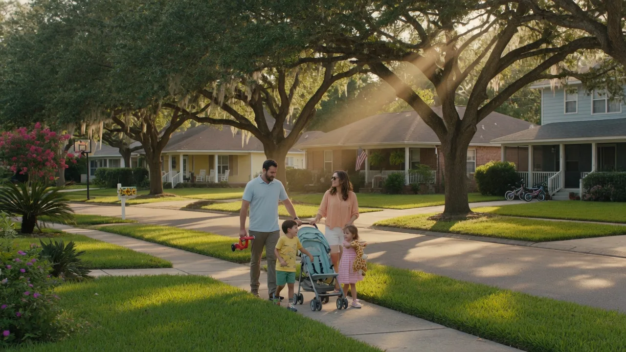 A family walking along a tree-lined street in a suburban Orlando neighborhood