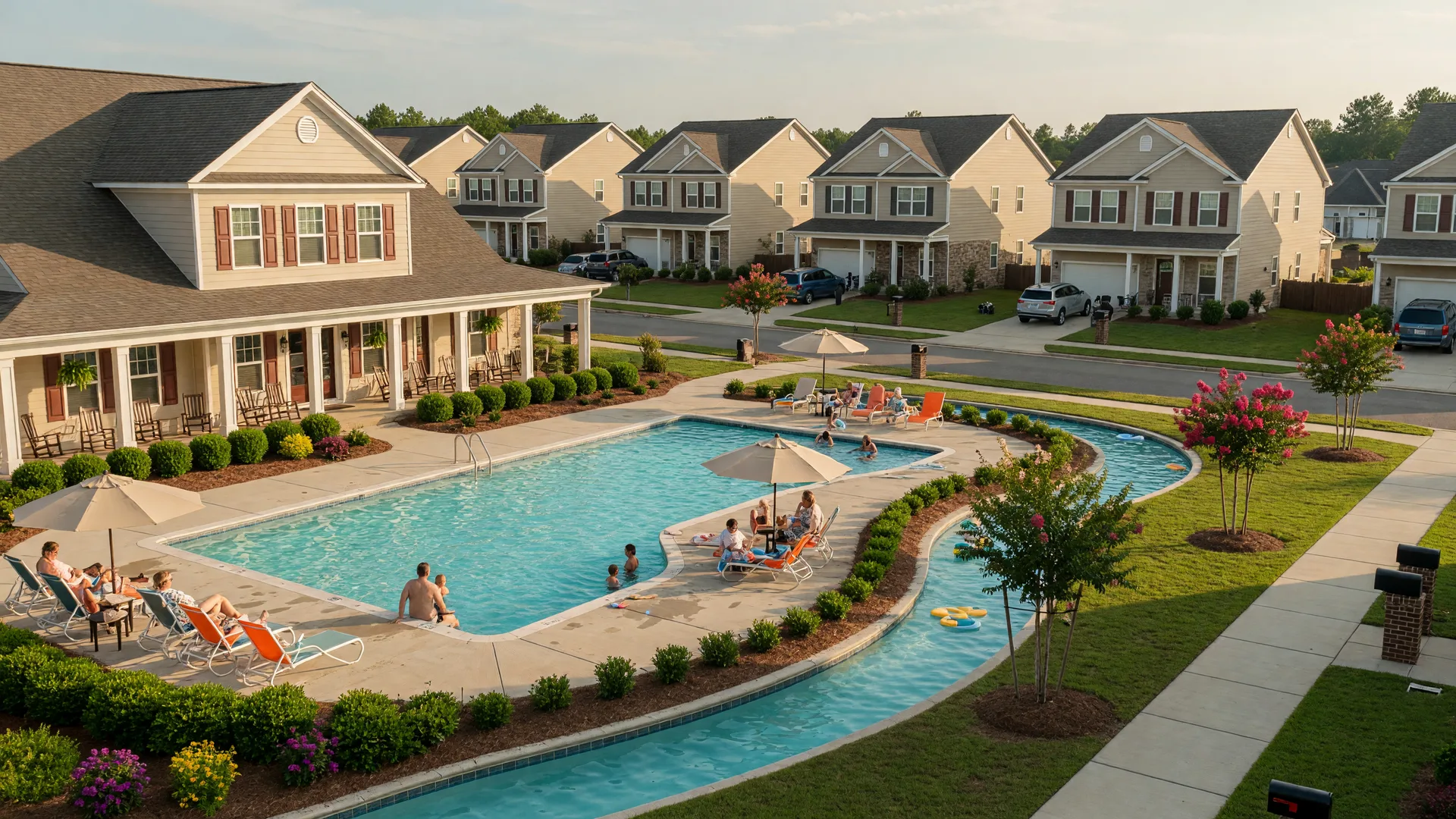 A polished, higher-end single-family home with a clubhouse and landscaped grounds in a Fort Mill community