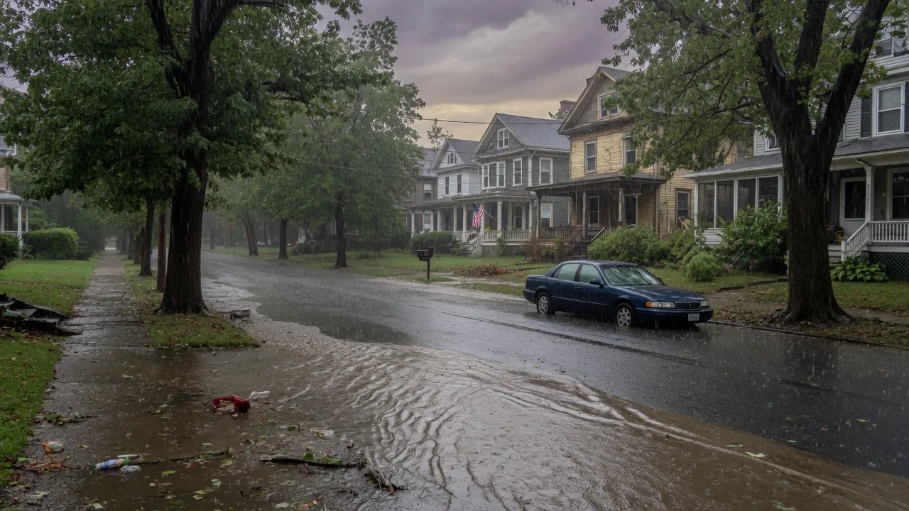 Flooded residential street in Montclair NJ during a heavy thunderstorm with a submerged vehicle and historic homes