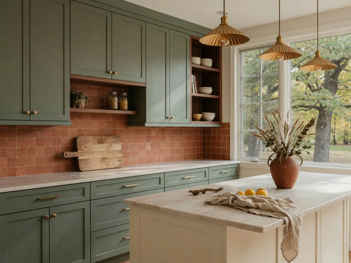 A warm 2026 custom kitchen with sage green cabinets, brass hardware, an off-white island, and walnut wood accents in a custom Michigan home