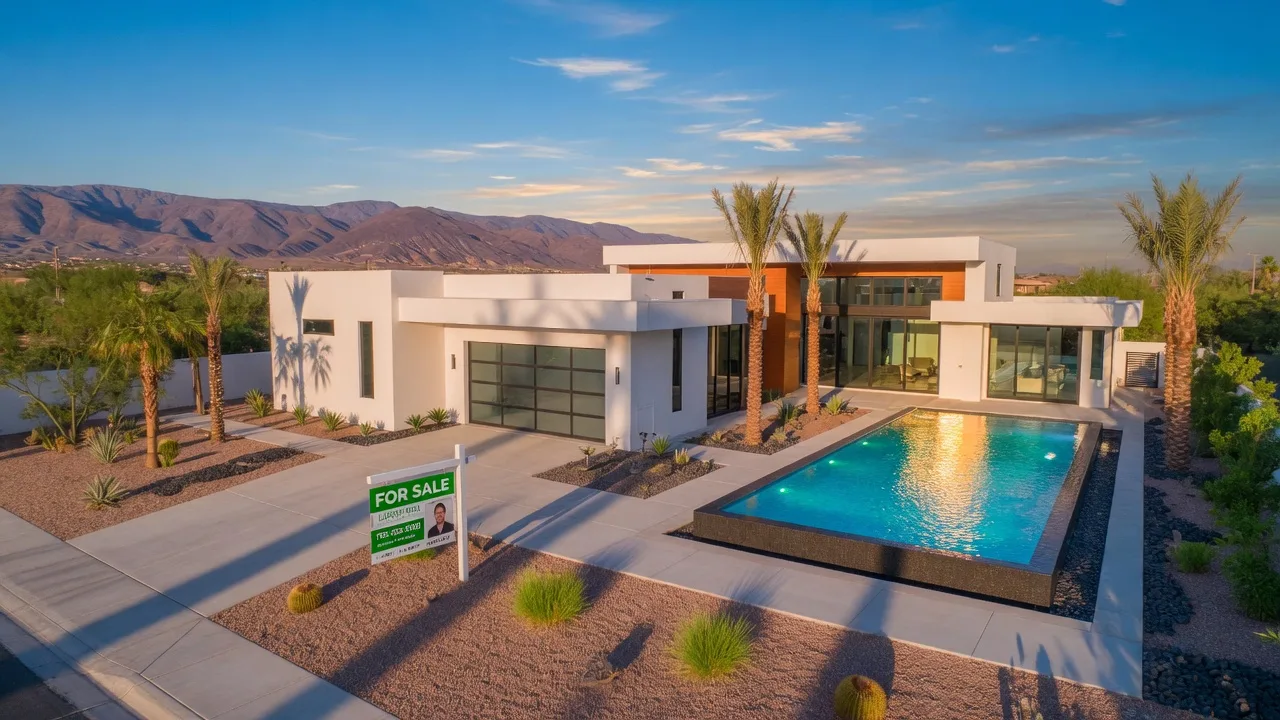 Modern Las Vegas home with pool and palm trees at golden hour with a For Sale sign