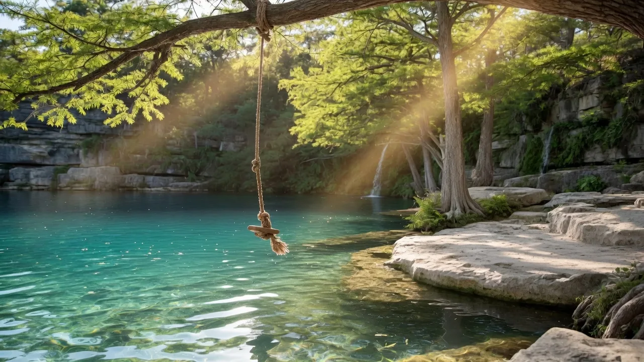 Crystal-clear swimming hole with a rope swing surrounded by tall bald cypress trees in the Texas Hill Country