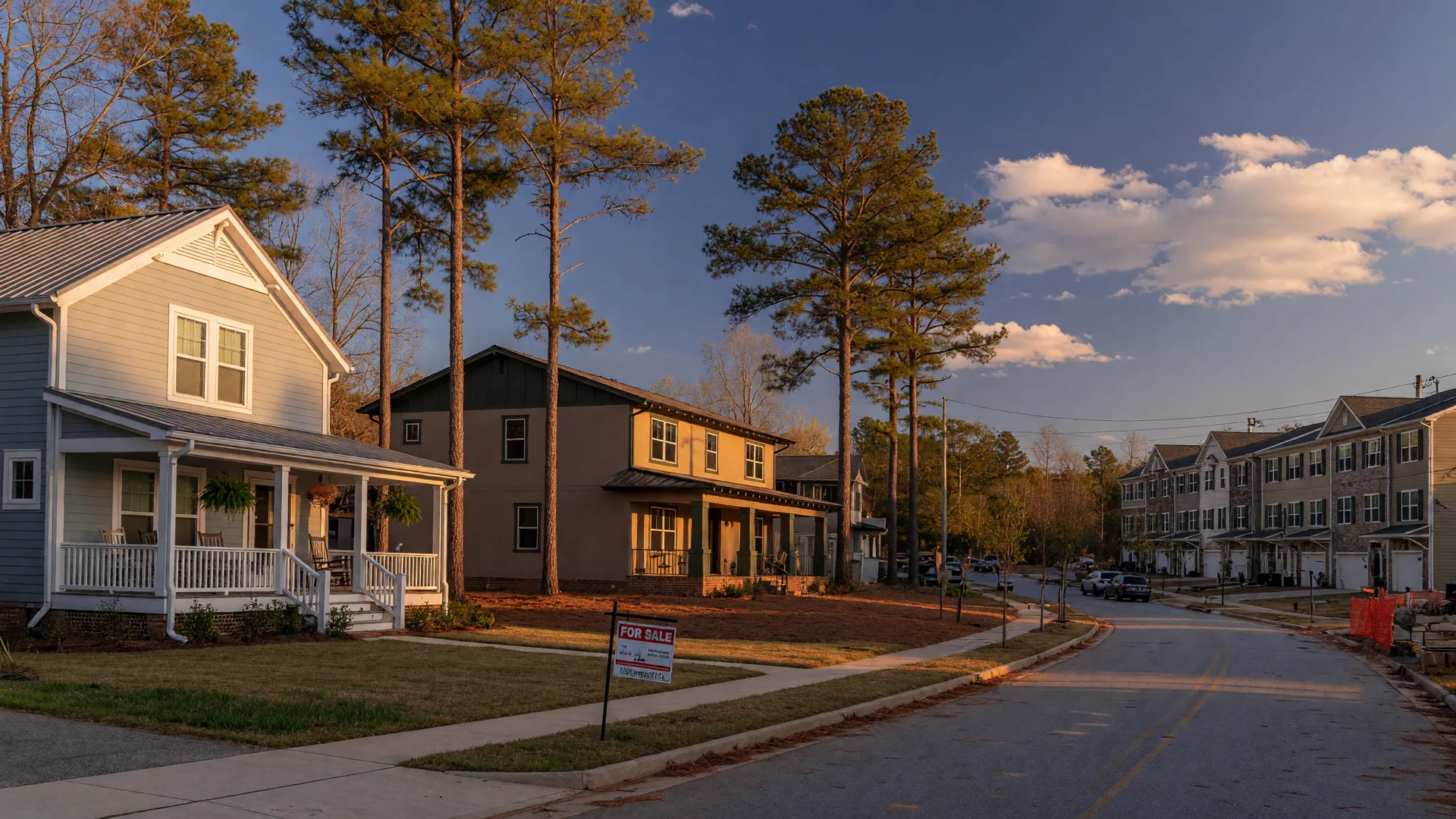 A tree-lined Metro Atlanta street at golden hour mixing farmhouse-style and craftsman homes with new construction townhomes in the distance, representing what Atlanta buyers are searching for in 2026