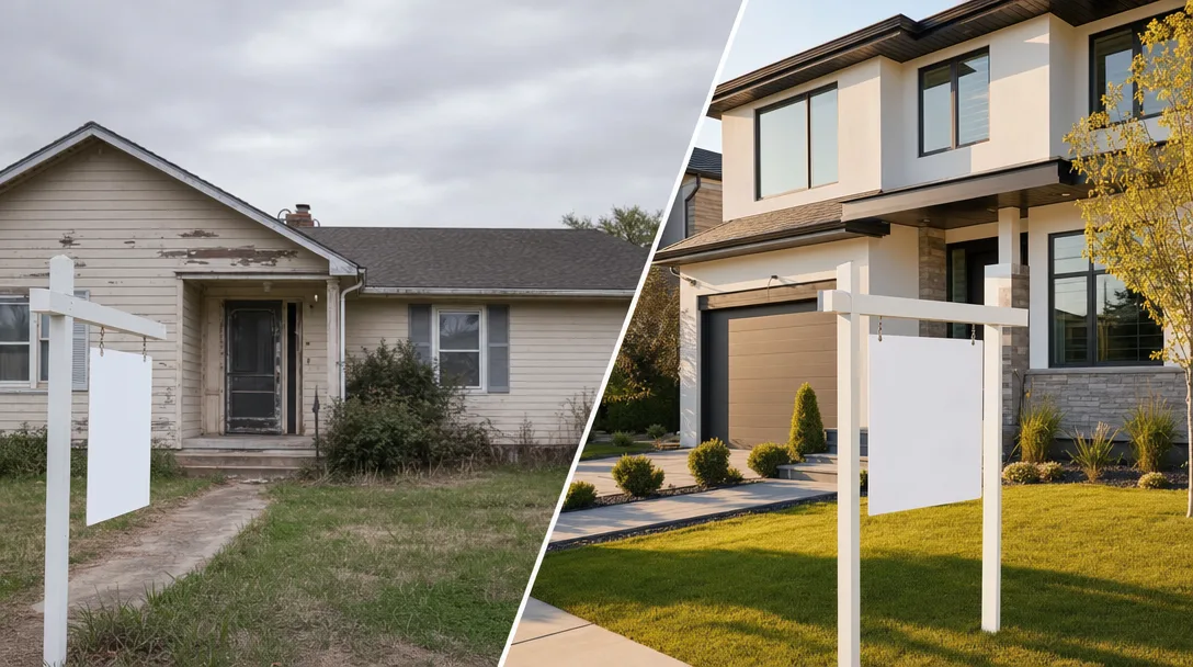 A split image contrasting a traditional For Sale sign in front of a worn home with a Just Sold sign on a modern bright home