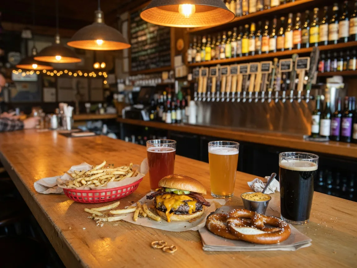 A cozy brewpub table with pub food and craft beer glasses in Hillsboro