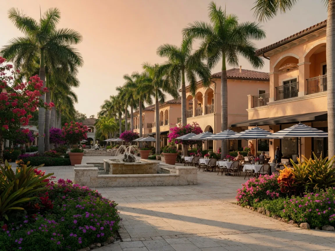 Palm-lined walkways and Mediterranean architecture at Coconut Point in Estero, Florida, with shaded outdoor cafe terraces in late-afternoon light