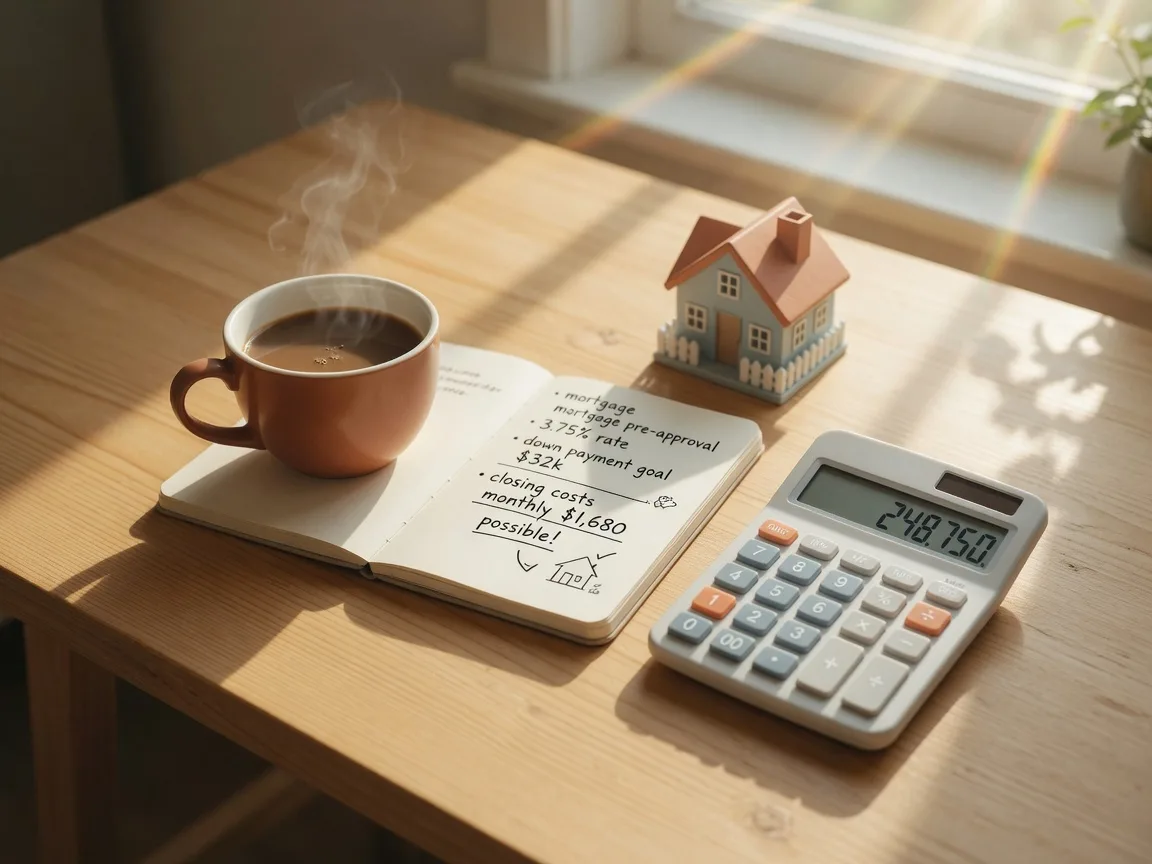 Home affordability calculator with coffee and notebook for estimating how much house you can afford in South Florida