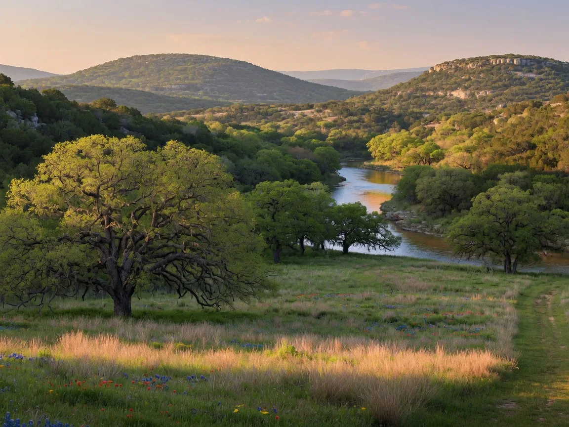 Hill Country landscape with river corridor, mature live oaks, and rolling hills in golden light. Illustrative image; not a photograph of Mystic Shores.