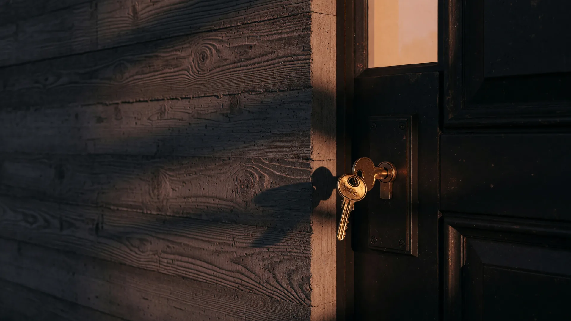 Close-up of a brass key in the lock of a dark bronze door at dusk