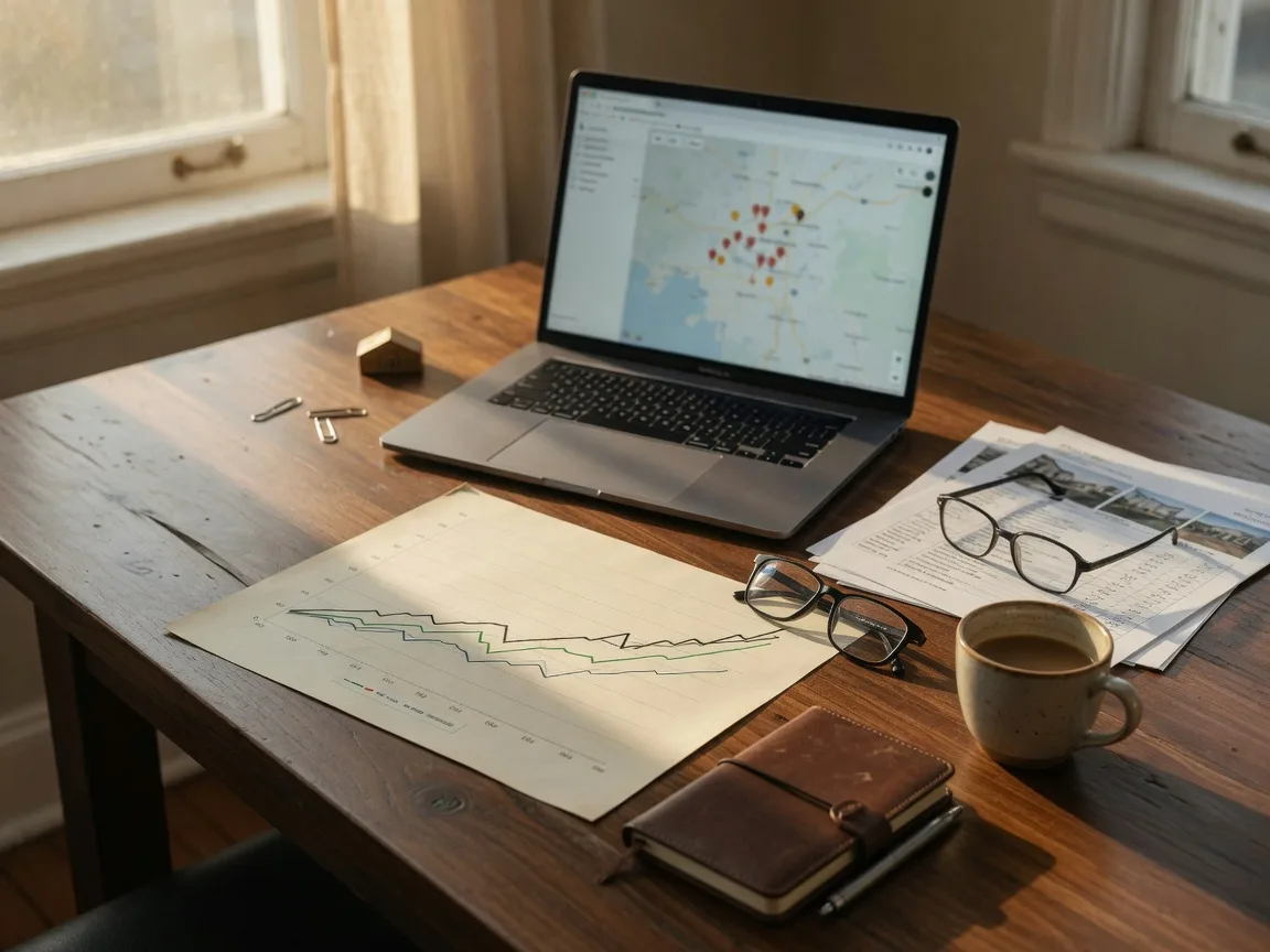 A real estate agent's desk preparing a market analysis with a laptop showing a property map, printed listing sheets, a trend chart, reading glasses, and a mug of coffee in warm morning light