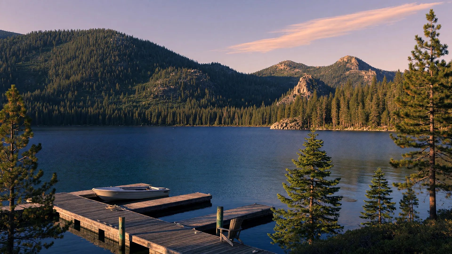 Calm deep-blue water of Lake Tahoe with a wooden dock and forested Sierra Nevada peaks in the background.