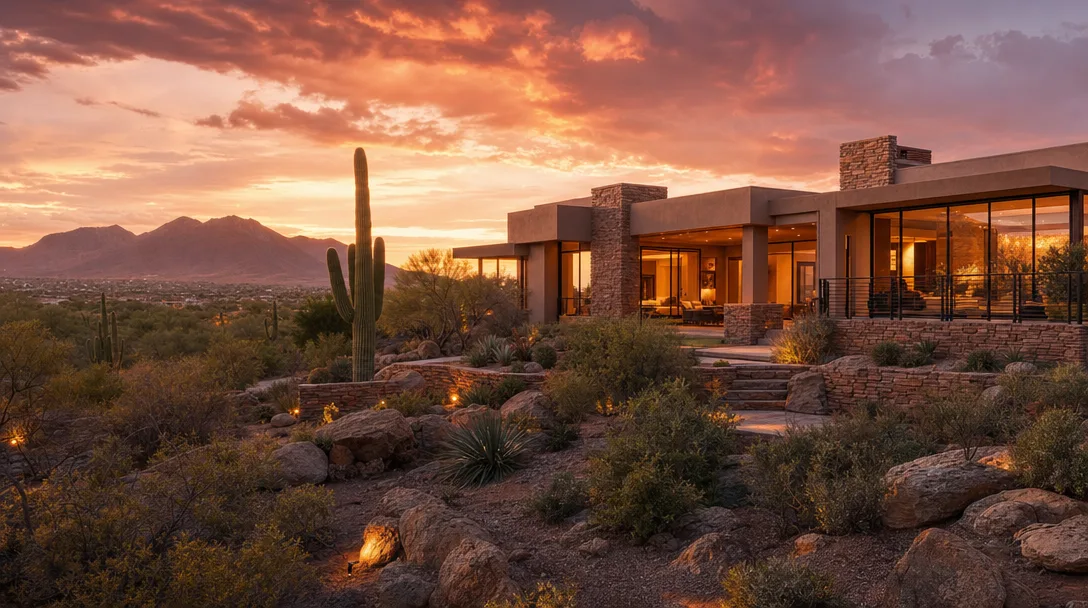 Luxury estate in Scottsdale Arizona at sunset with desert mountain views