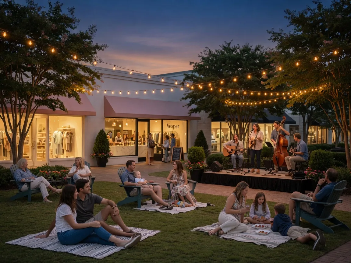 Families gathered on a lawn at an outdoor Friday evening concert in a North Carolina village plaza with string lights, boutique storefronts, and a warm-lit wine bar in the background