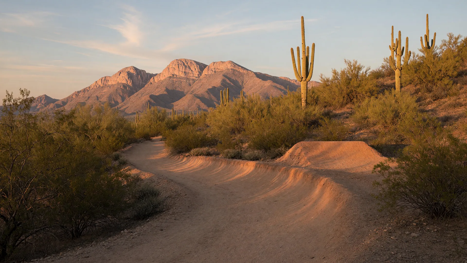 A desert mountain bike trail winding through the Sonoran Desert foothills west of Phoenix
