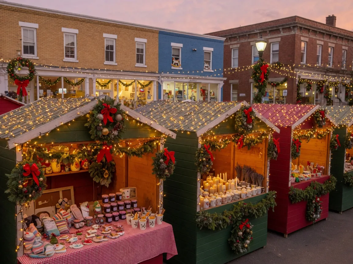 Holiday market stalls with warm string lights on the Wimberley Square at Winter's Eve Festival