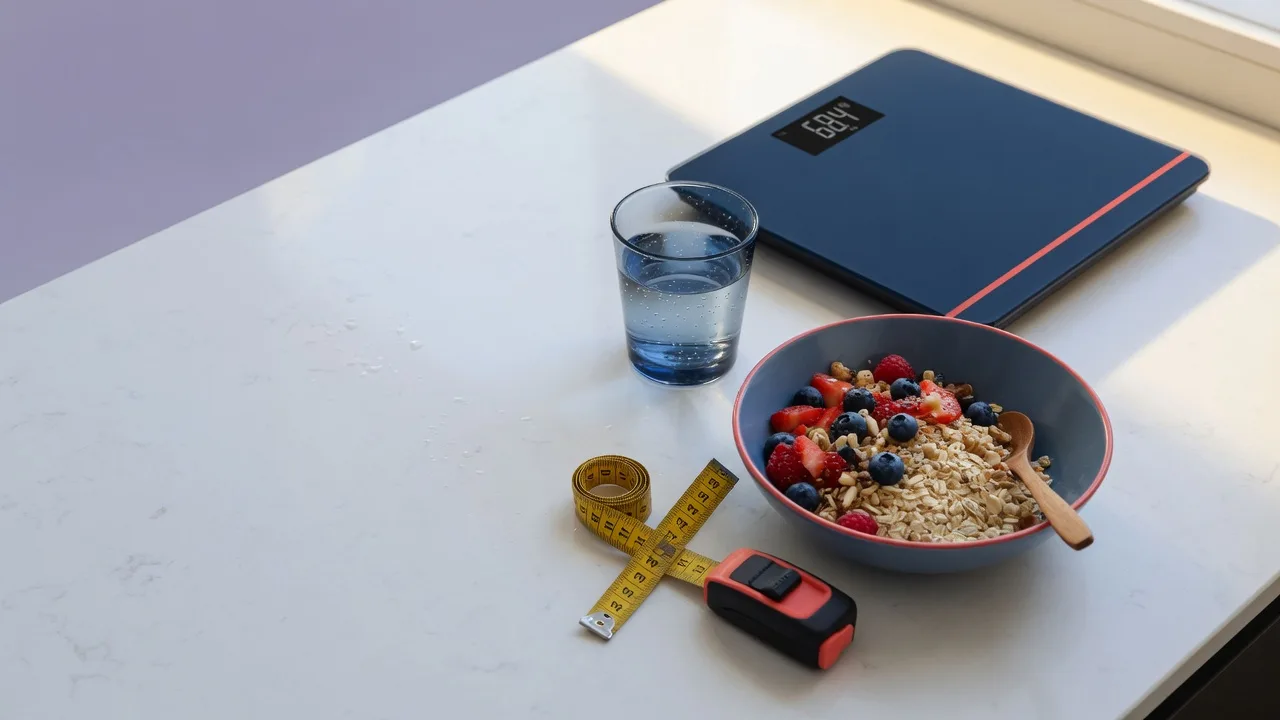 A heart-healthy breakfast bowl, water glass and a modern scale on a bright counter