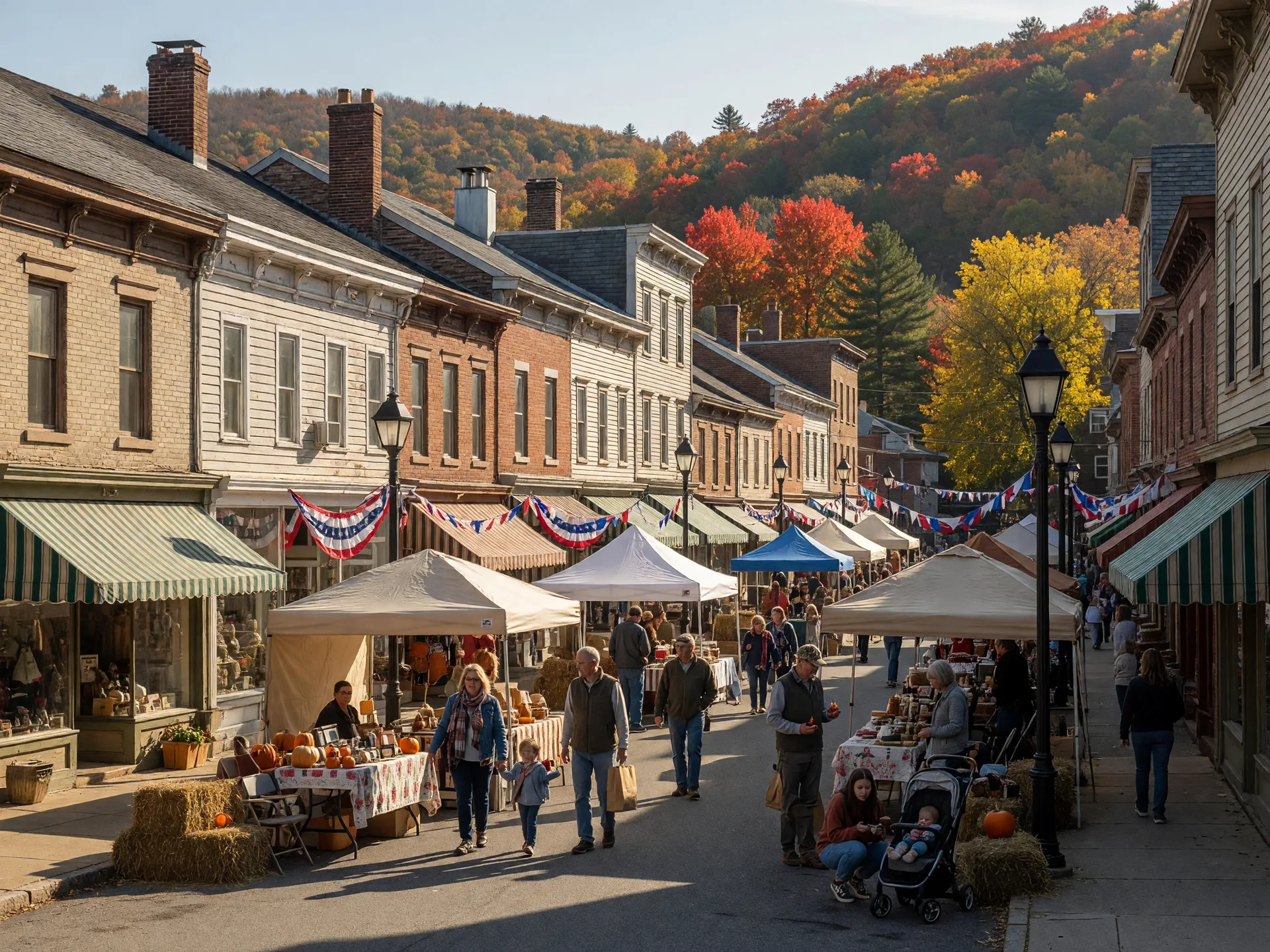 Vendor tents and hay bales along a Victorian-era downtown street in a Pennsylvania mountain town with brilliant red and gold fall foliage on the hills