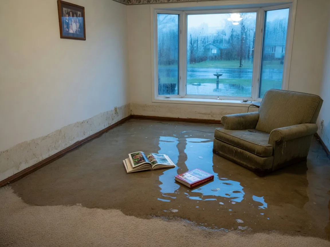 Flooded residential living room with standing water and water-soaked carpet in Michigan
