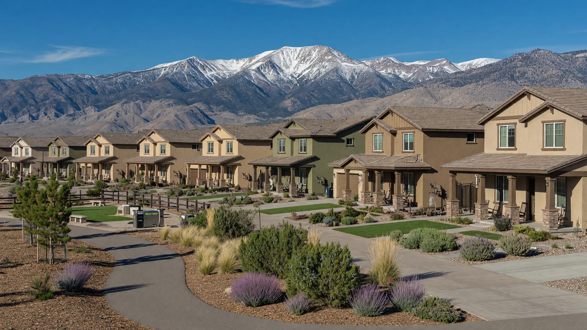 Craftsman-style new construction homes in a Sparks master-planned community with Sierra Nevada mountain range in the background