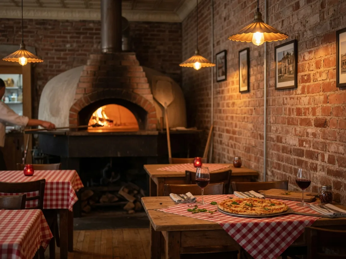 Cozy craft pizza restaurant interior in Hoschton Georgia featuring exposed brick walls warm pendant lighting and a glowing brick pizza oven