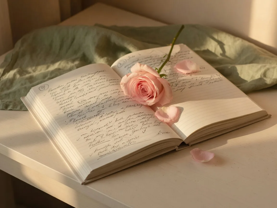 Open journal with a blush pink rose and handwritten notes in warm afternoon light