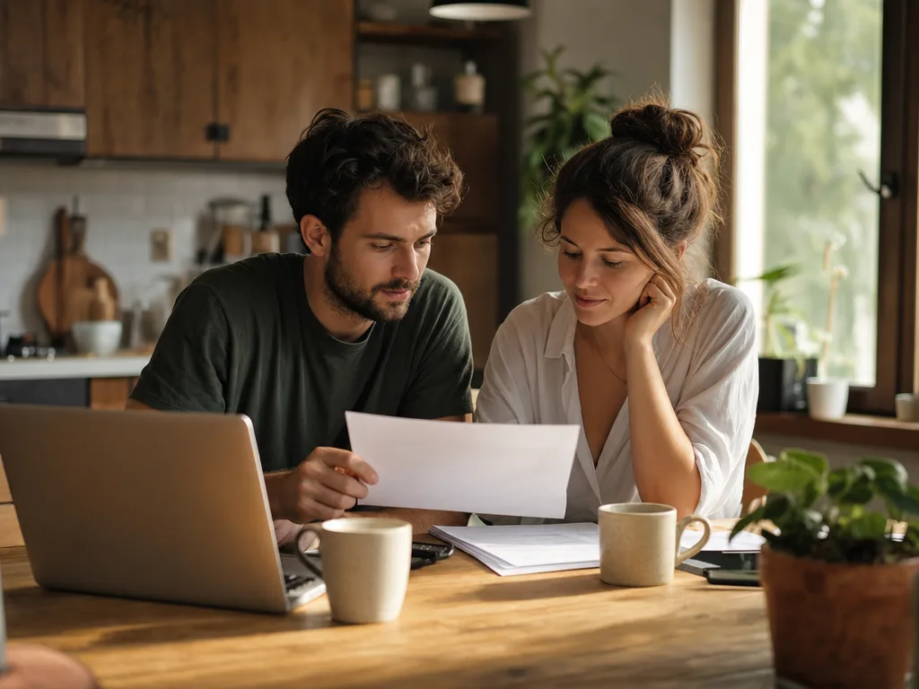 Couple reviewing their budget together at the kitchen table, planning their home search
