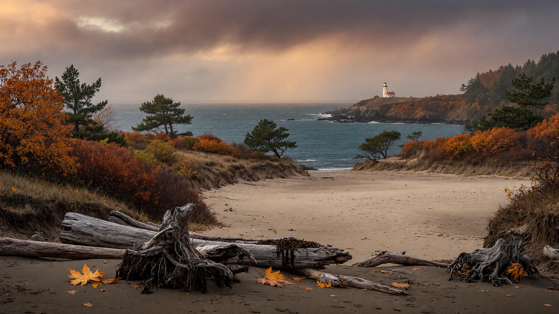 Oregon Coast bluffs in autumn with golden leaves, driftwood on a misty beach, and a lighthouse in the distance