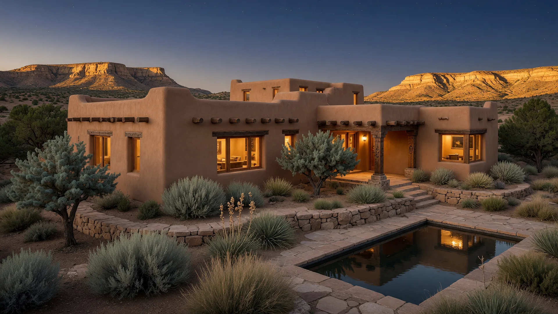 Wide cinematic hero photograph of a Southwestern luxury home on high-desert acreage beneath the Sandia Mountains at dusk, evoking the distinct lifestyles of Corrales and Placitas.