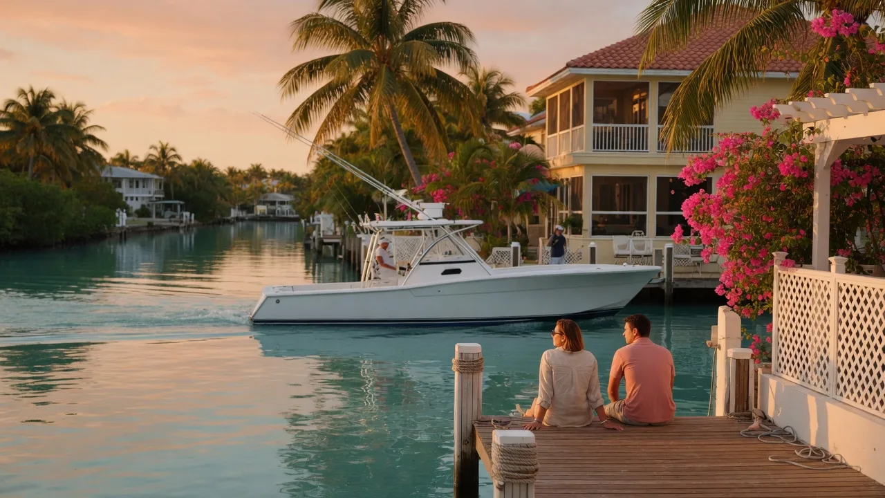 A couple sitting on the dock of a luxury waterfront home in the Upper Florida Keys viewing calm turquoise canal water at golden hour