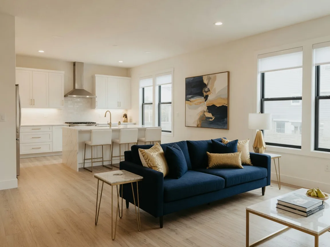 A bright, modern newly built living room with navy and gold accents, typical of new Delran construction