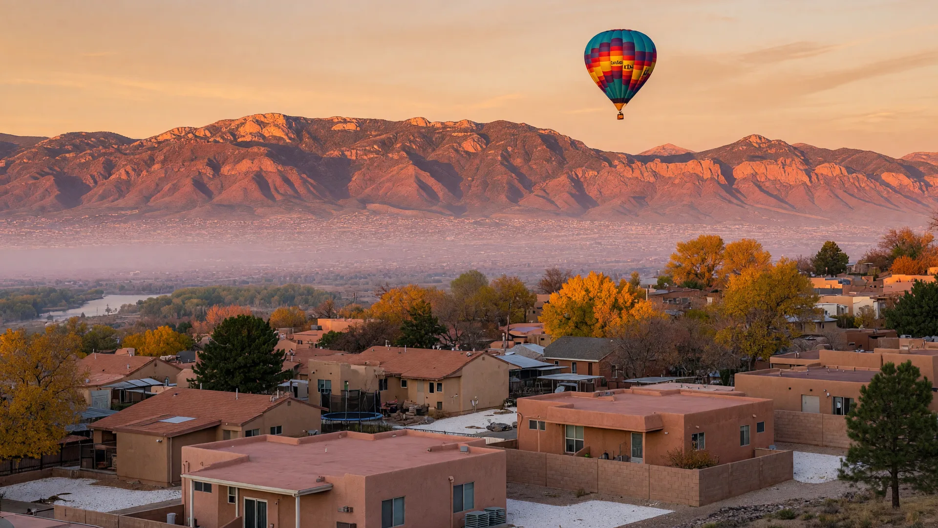 The Sandia Mountains at golden hour over Albuquerque, with autumn cottonwoods and a hot air balloon in a warm sky