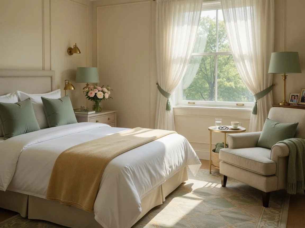 A bright, serene private suite at a retirement residence with a neatly made bed, an armchair by a sunny window and fresh flowers