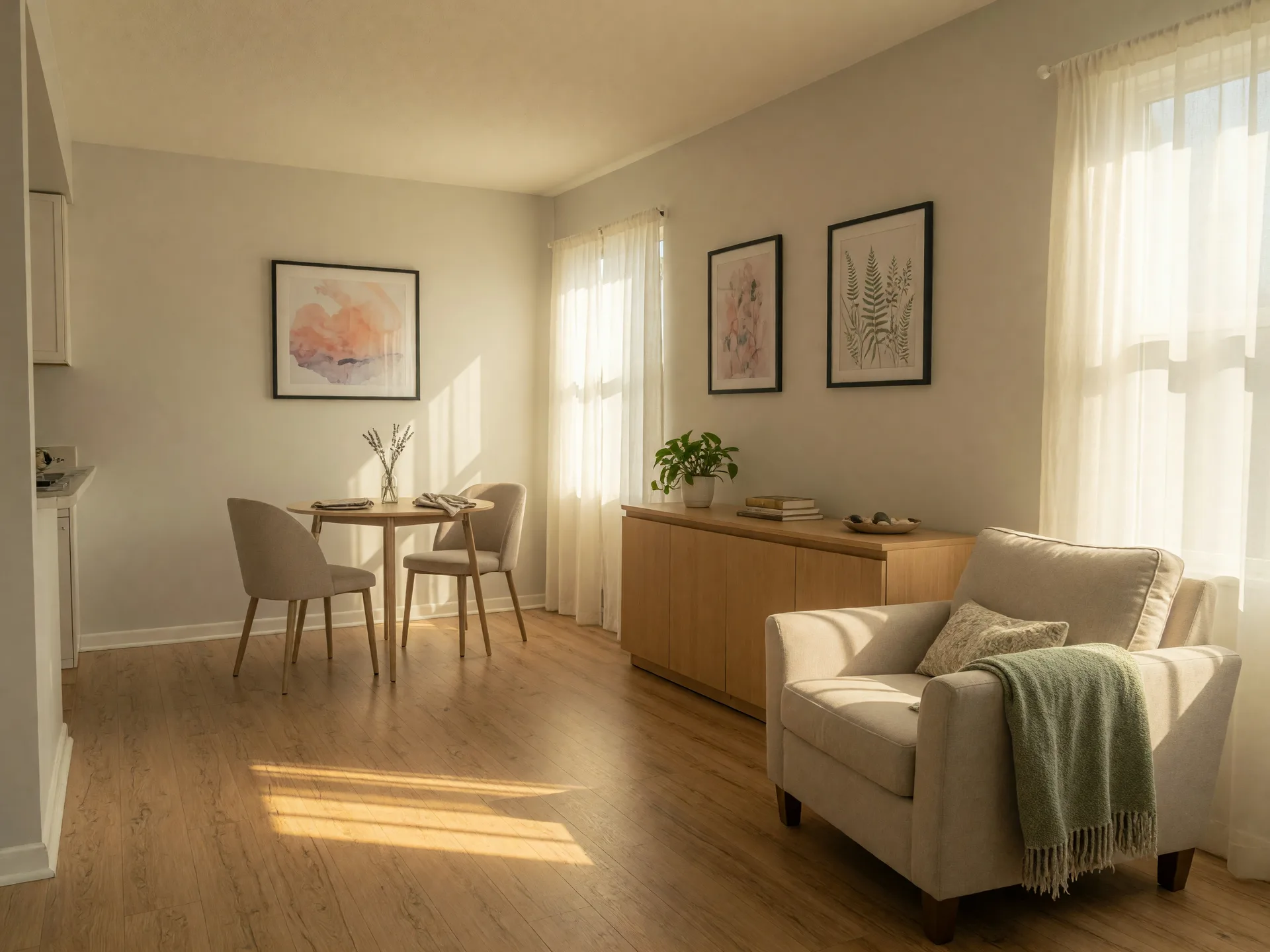 A bright, airy downsized main-floor condo living space with an open-concept layout, large windows, and minimal uncluttered styling suited to right-sizing