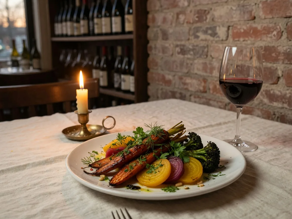 A seasonal bistro entree and a glass of red wine at a candlelit farm-to-table restaurant
