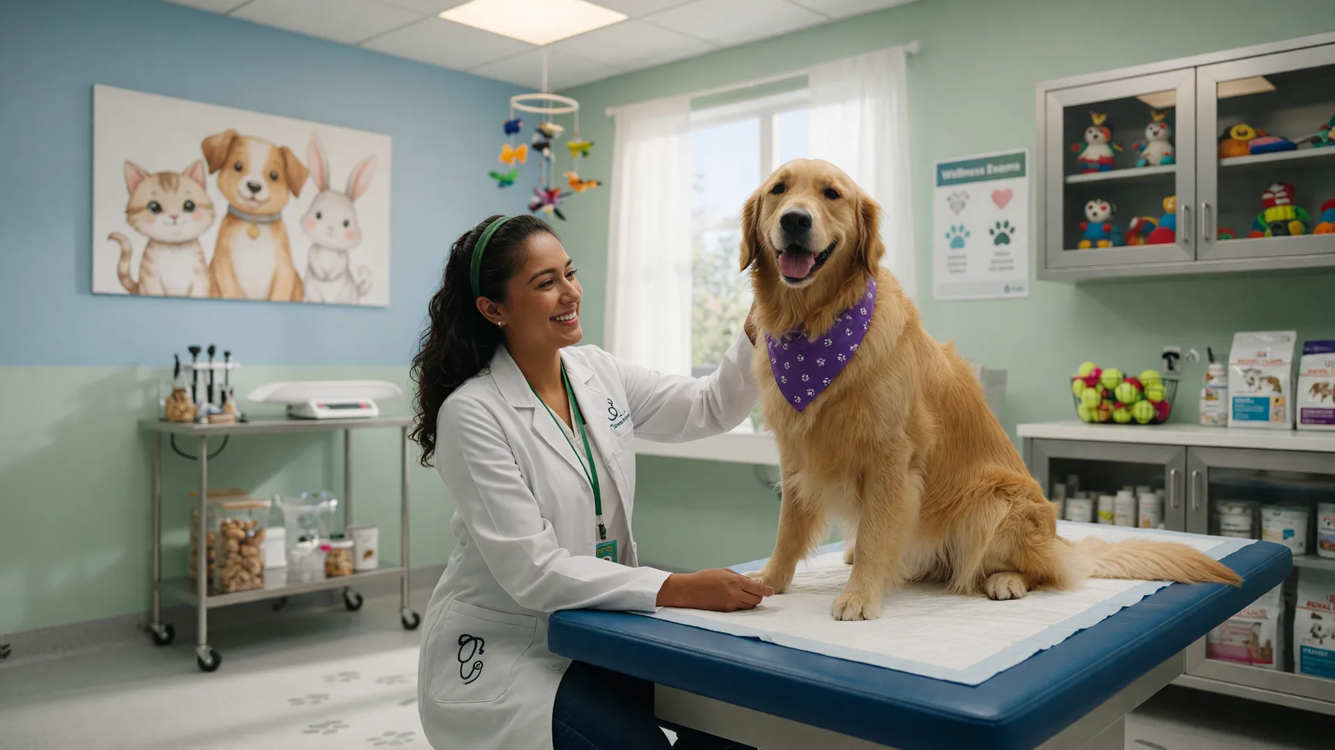 Veterinarian with a golden retriever in an exam room