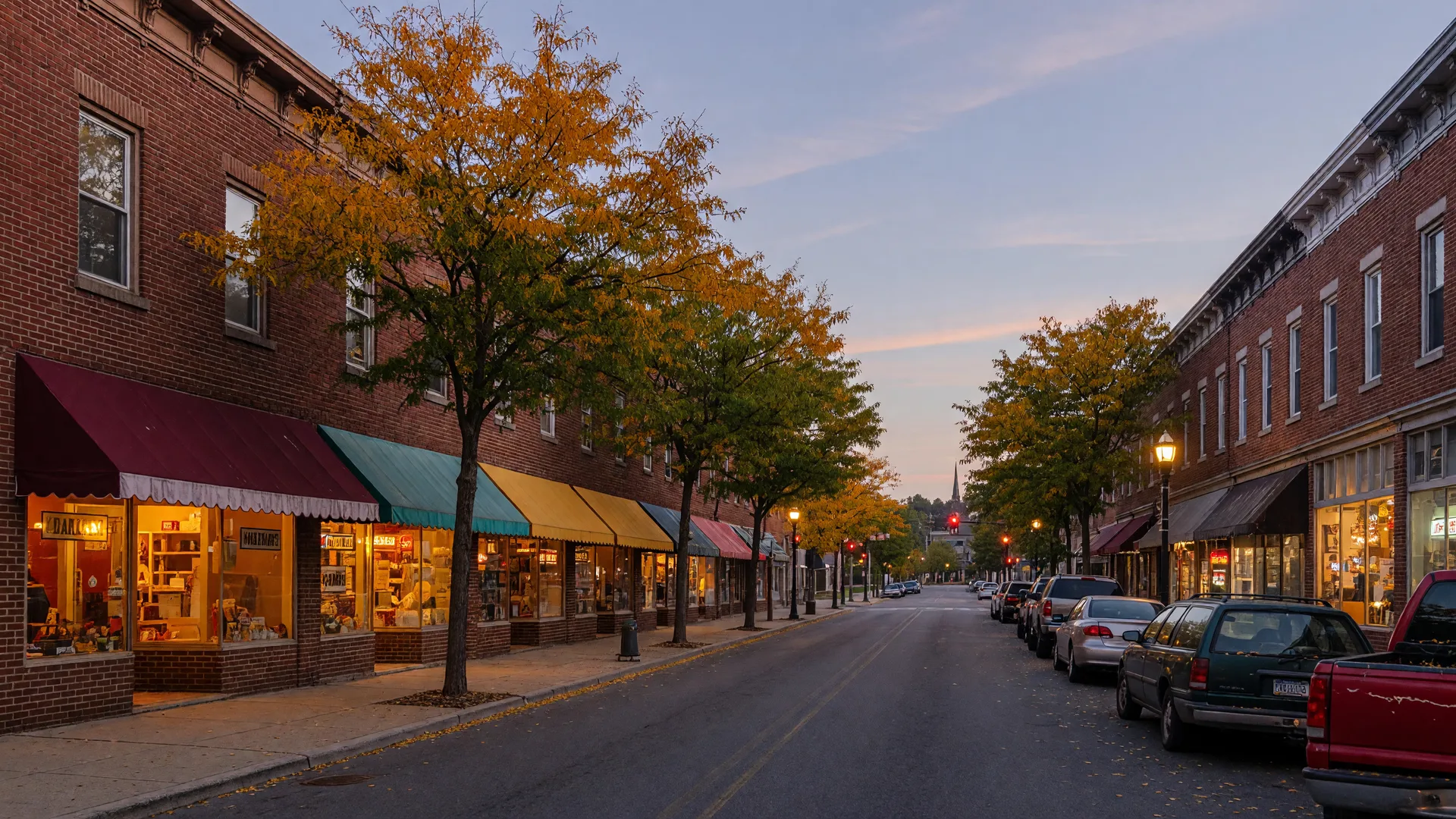 A small-town Lehigh Valley main street in late September at dusk with brick storefronts and early fall color