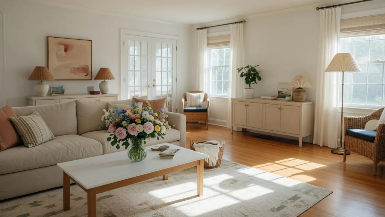 Beautifully staged South Jersey living room with neutral decor, fresh flowers, and bright natural light