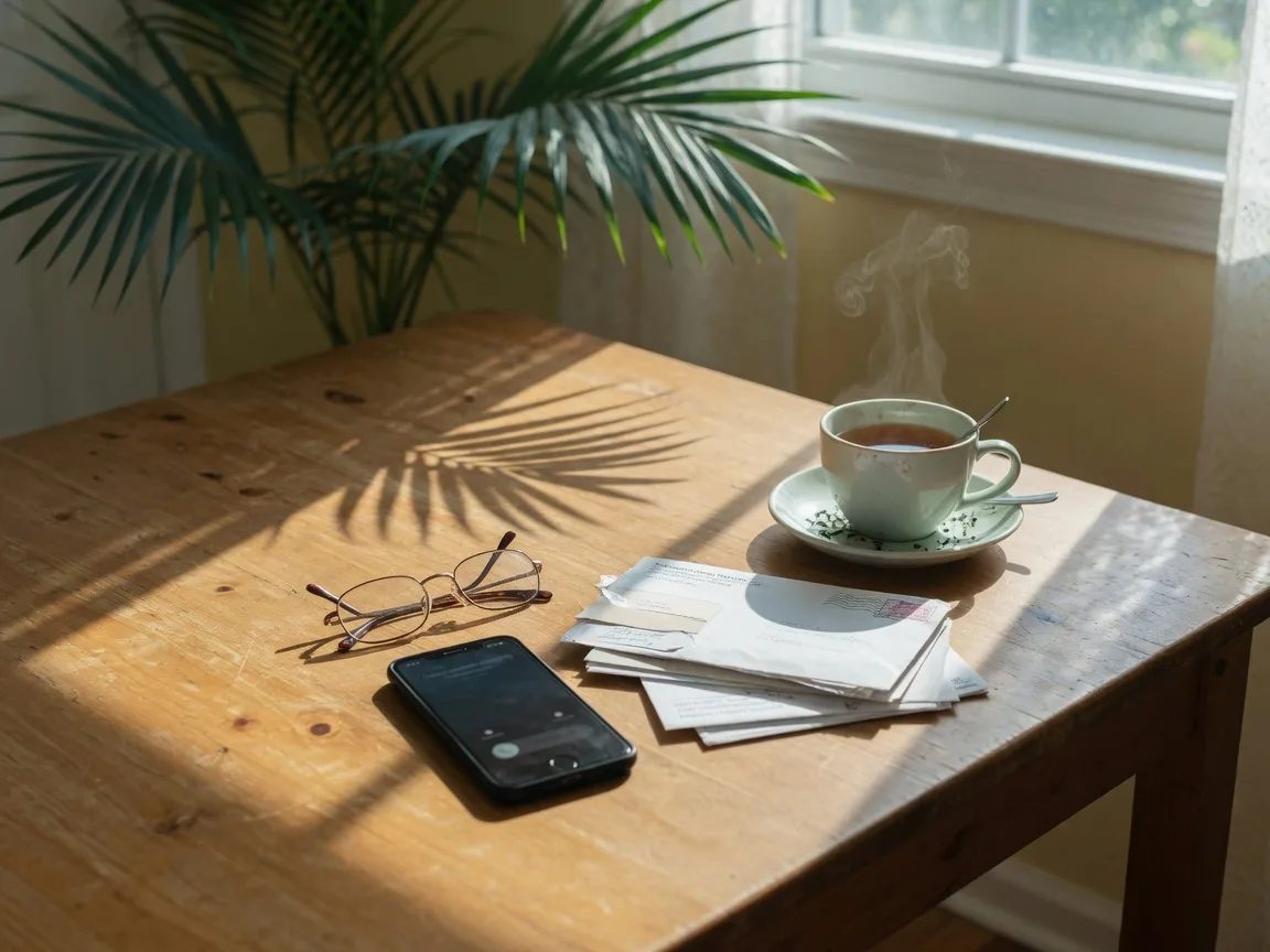 A smartphone, reading glasses, and mail on a kitchen table, the moment a suspicious call arrives.