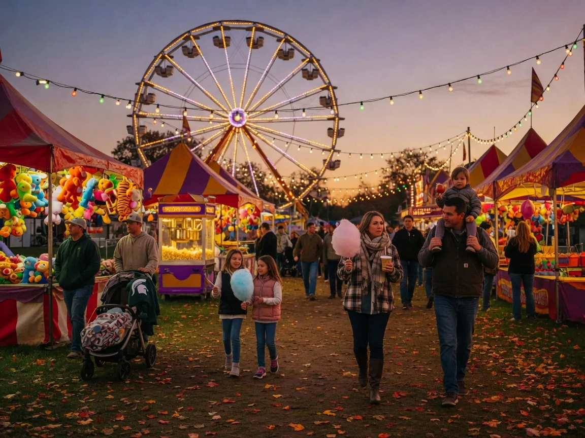Autumn evening at a Michigan fall festival with a glowing ferris wheel, families enjoying midway rides, and festive carnival lights under a twilight sky
