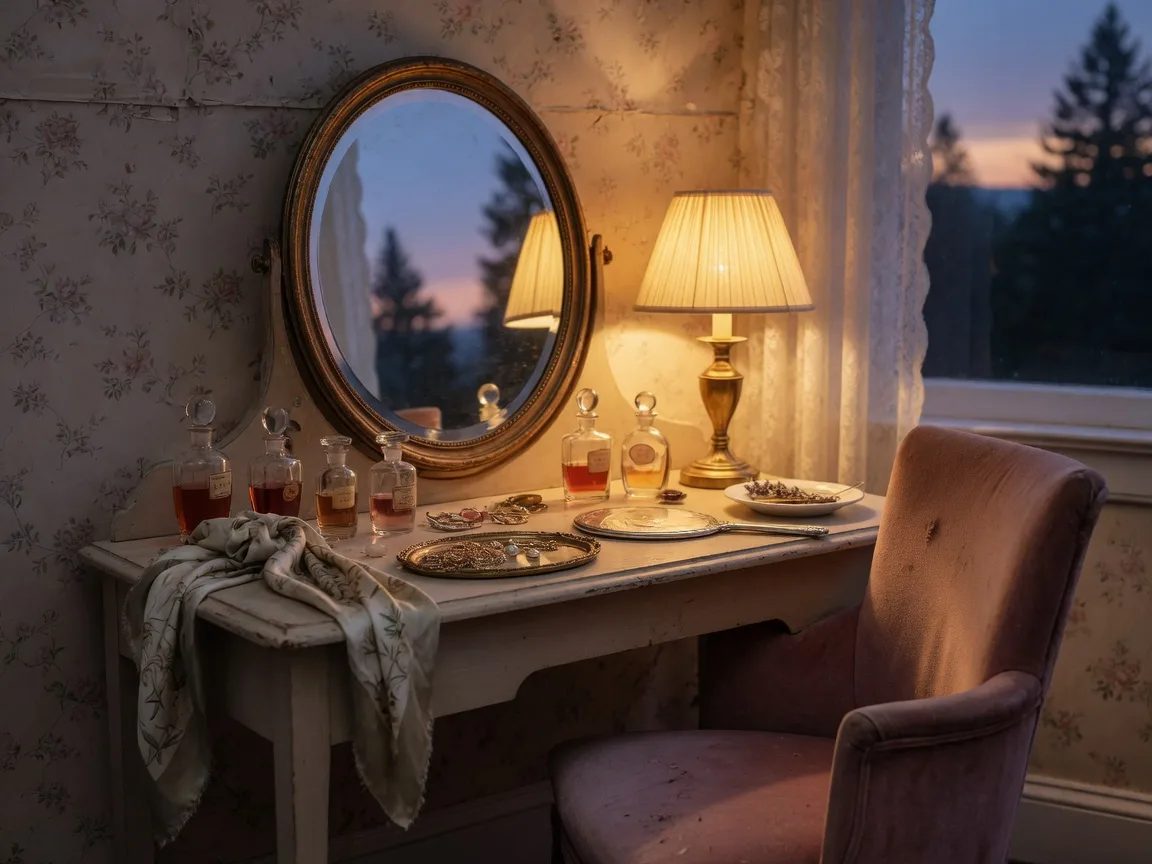 Vintage vanity table in warm lamplight for a boudoir session in Southern Oregon