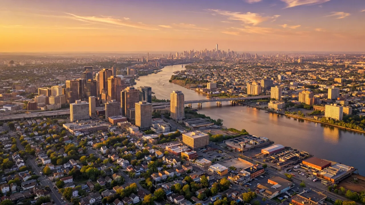 Aerial view of North Jersey skyline at golden hour with warm amber and gold light