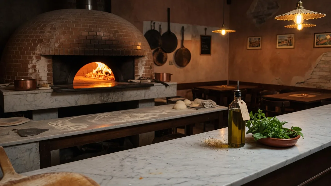 D'Italia Pizzeria Napoletana in Flowery Branch Georgia, an authentic wood-fired Neapolitan pizzeria with a glowing brick dome oven, marble counters, and warm amber lighting
