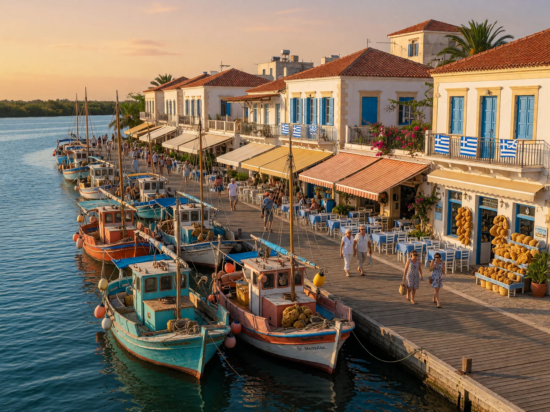 Tarpon Springs Sponge Docks with Greek fishing boats at golden hour