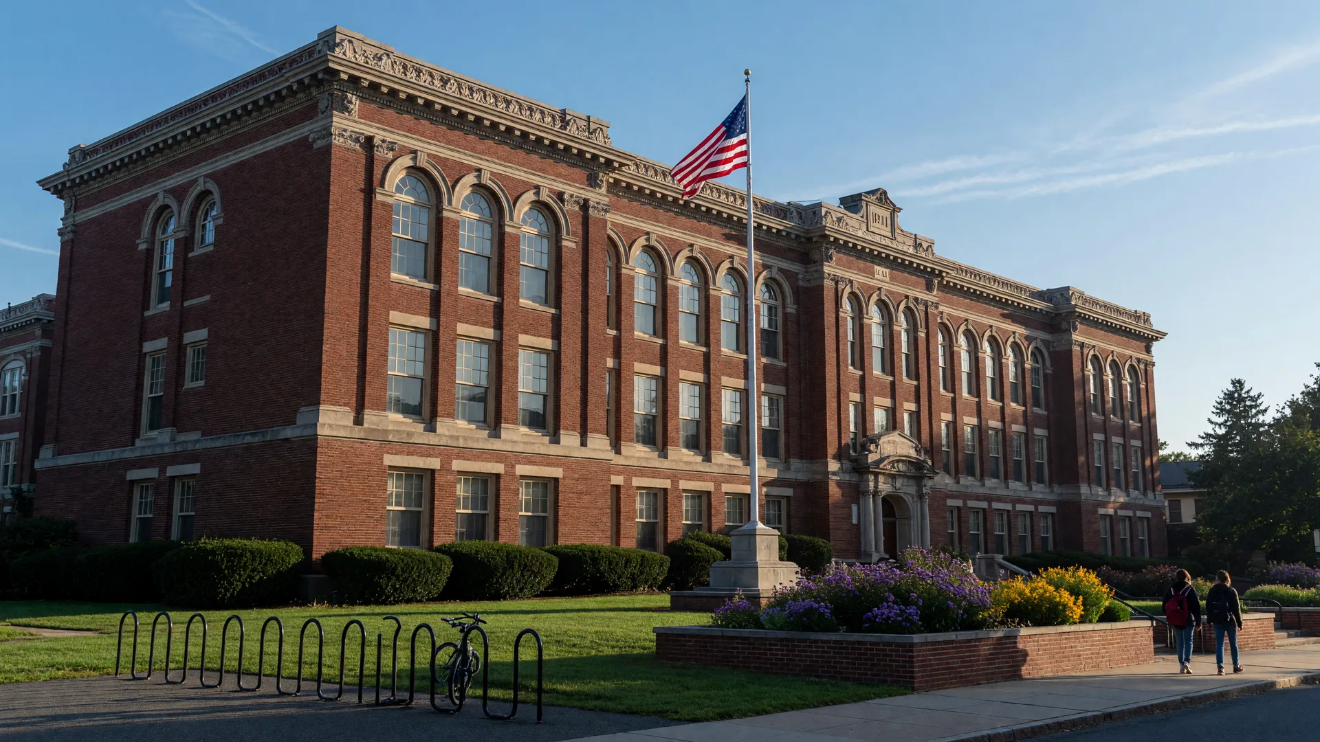 A historic red-brick public school building in Montclair NJ with tall arched windows and an American flag on a bright mid-September morning