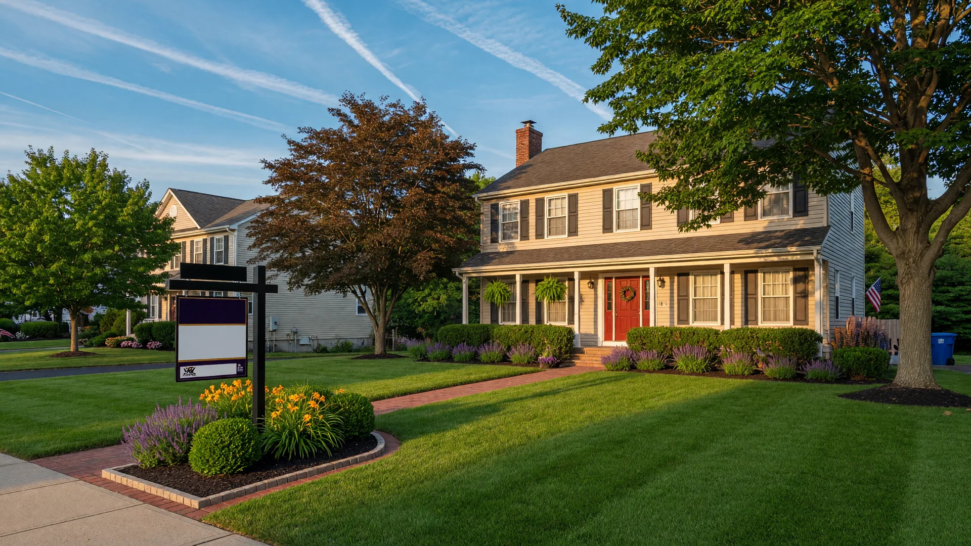Welcoming suburban home for sale in the Lehigh Valley, Pennsylvania, with a For Sale sign in the front yard
